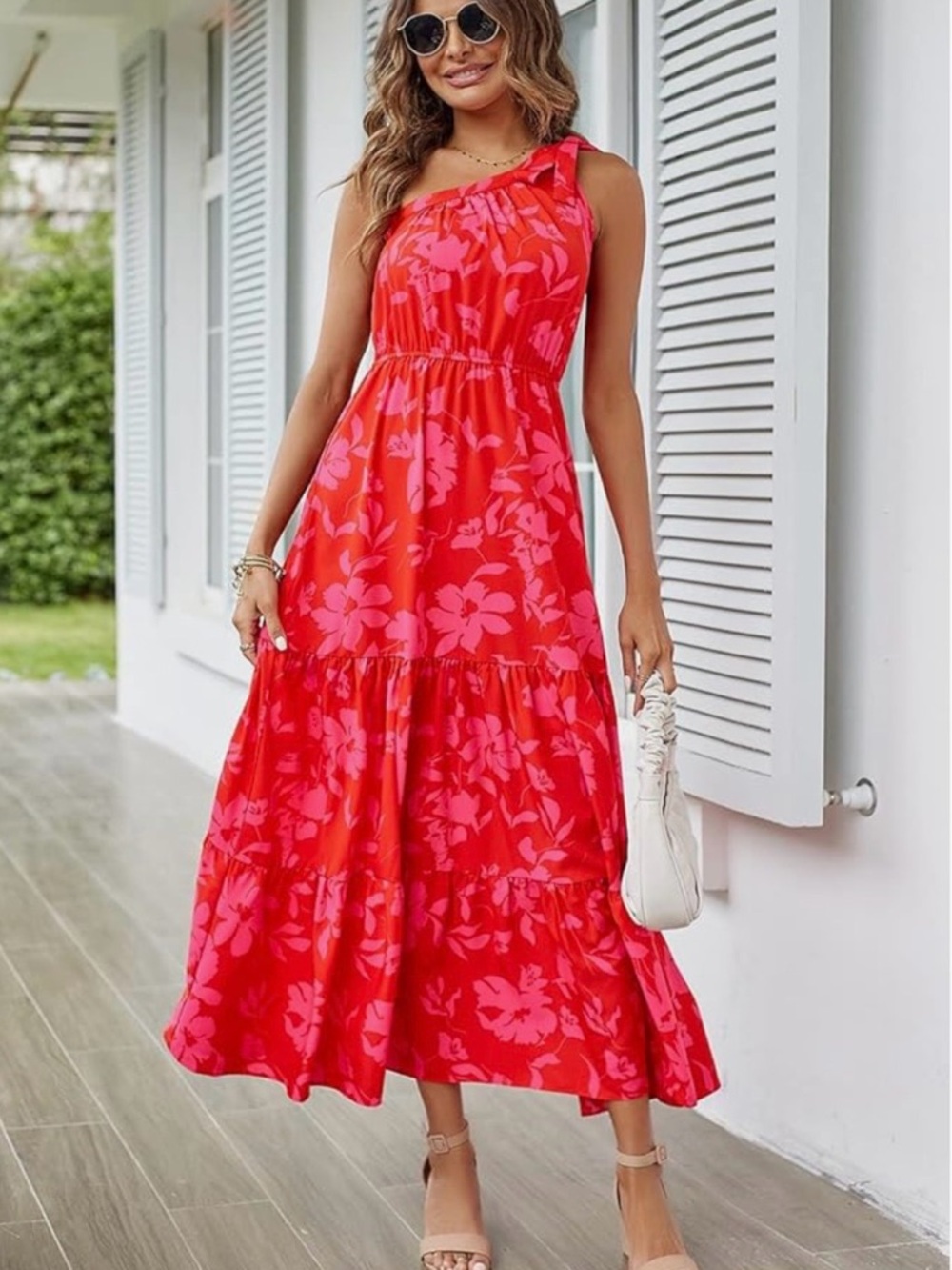 PrettyGarden One-Shoulder Bright Red Floral Tiered Maxi Dress